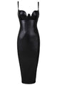 Sexy Black Faux Leather Padded Midi Dress