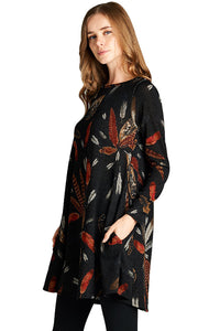 Sexy Black Feather Graphic Pocket Tunic Dress