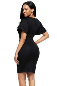 Sexy Black Flare Sleeve Back Slit Sheath Dress