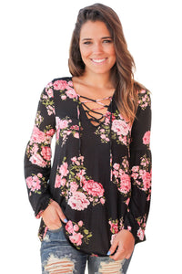 Sexy Black Floral Criss Cross Long Sleeve Top