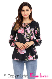 Sexy Black Floral Criss Cross Long Sleeve Top