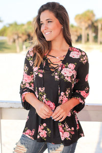 Sexy Black Floral Criss Cross Long Sleeve Top