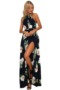 Sexy Black Floral Cutout Back Halter Split Maxi Boho Dress