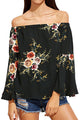 Sexy Black Floral Elastic Off Shoulder Bell Sleeve Top