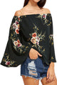 Sexy Black Floral Elastic Off Shoulder Bell Sleeve Top