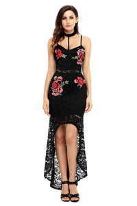 Sexy Black Floral Lace Choker High Low Dress