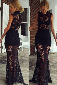 Sexy Black Floral Lace Hollow Maxi Evening Dress