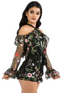 Sexy Black Floral Lace Sleeve Playsuit