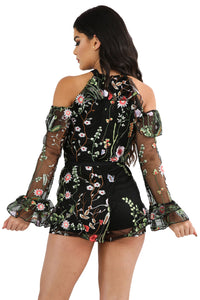 Sexy Black Floral Lace Sleeve Playsuit