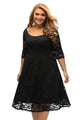 Sexy Black Floral Lace Sleeved Fit and Flare Curvy Dress
