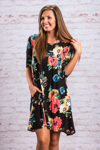 Sexy Black Floral Long Sleeve A-Line Tunic Dress