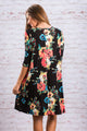 Sexy Black Floral Long Sleeve A-Line Tunic Dress