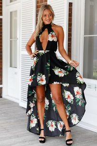 Sexy Black Floral Print High-low Halter Maxi Boho Dress