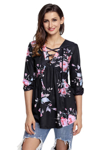 Sexy Black Floral Print Lace Up V Neck Sleeved Blouse