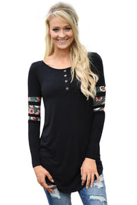 Sexy Black Floral Print Splice Sleeve Pullover Blouse