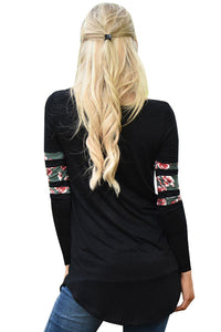 Sexy Black Floral Print Splice Sleeve Pullover Blouse