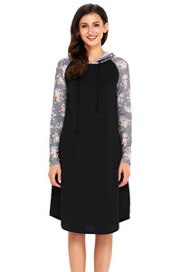 Sexy Black Floral Sleeve Shift Hoodie Dress
