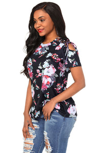 Sexy Black Floral Top with Lace up Shoulder