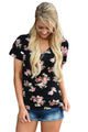 Sexy Black Floral V Neck Short Sleeve T-shirt