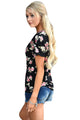 Sexy Black Floral V Neck Short Sleeve T-shirt
