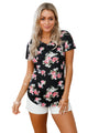 Sexy Black Floral V Neck Short Sleeve T-shirt
