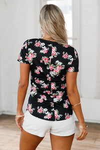 Sexy Black Floral V Neck Short Sleeve T-shirt