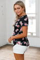 Sexy Black Floral V Neck Short Sleeve T-shirt