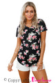 Sexy Black Floral V Neck Short Sleeve T-shirt