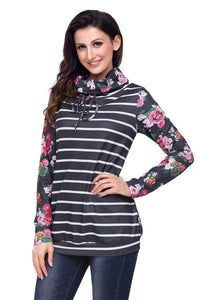 Sexy Black Floral and Stripes Cowl Neck Sweatshirt