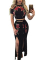 Sexy Black Flower Embroider Cold Shoulder Top and Slit Skirt Set