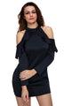 Sexy Black Frill Cold Shoulder Long Sleeve Dress