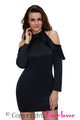 Sexy Black Frill Cold Shoulder Long Sleeve Dress