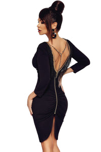 Sexy Black Fringe V Neck Long Sleeve Bodycon Dress