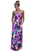 Sexy Black Fuchsia Floral Strapless Maxi Dress with Pockets