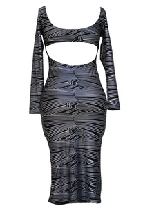 Sexy Black Geometric Print Cut-Out Midi Vintage Dress