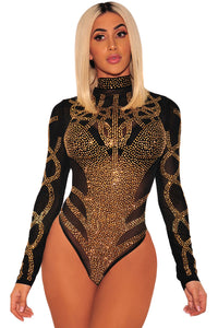 Sexy Black Gold Rhinestone Faux Bustier Mesh Long Sleeves Bodysuit
