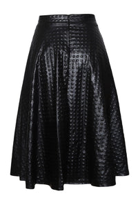 Sexy Black Grain Leather Midi Swing Skirt