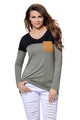 Sexy Black Grey Color Block Patch Insert Long Sleeve Blouse Top
