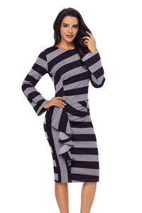 Sexy Black Grey Striped Ruffle Side Back Slit Long Sleeve Midi Dress