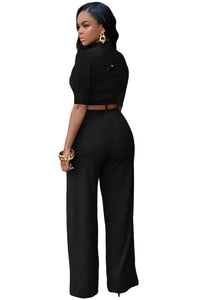 Sexy Black Half Sleeves Belted Wide Leg Jumpsuit