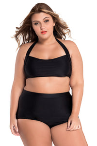 Sexy Black Halter Bandeau High Waist Plus Size Swimwear