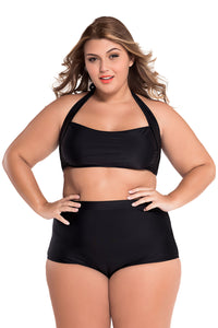 Sexy Black Halter Bandeau High Waist Plus Size Swimwear