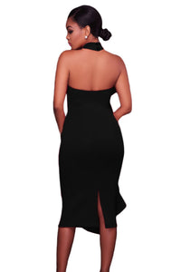 Sexy Black Halter High Neck Ruffled Midi Party Dress with Back Slit