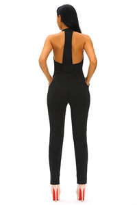 Sexy Black Halter V Neck Zipped Front Jumpsuit