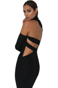 Sexy Black High Neck Midi Cut-out Back Long Sleeves Dress