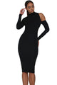 Sexy Black High Neck Midi Cut-out Back Long Sleeves Dress