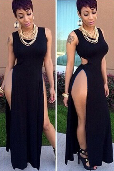 Sexy Black High Side Slits Cutout Maxi Dress SEXY AFFORDABLE