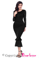 Sexy Black Hollow-out Long Sleeve Lace Ruffle Bodycon Midi Dress