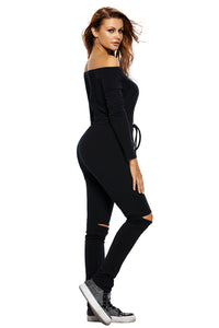 Sexy Black Knee Cutout Long Sleeve Off Shoulder Jumpsuit