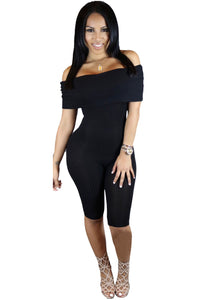 Sexy Black Knee-length Off Shoulder Ribbed Jumpsuit